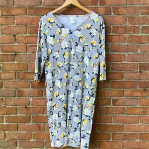 Blair Three Quarter Sleeve Floral Cotton Pull-over Dress- Yellow & Gray